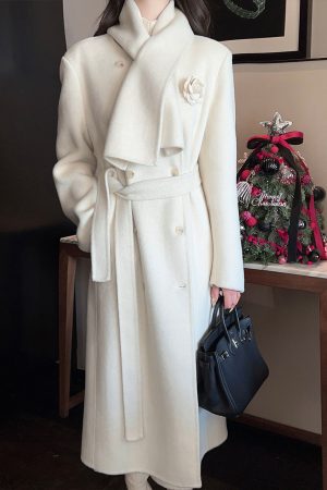 White Double-Sided Wool Cashmere Long Coat with Scarf for Women - Elegant Winter Outerwear, Chic Style, Warm and Cozy
