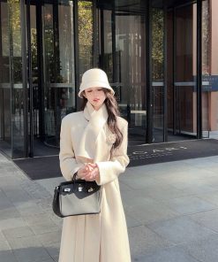 White Double-Sided Wool Cashmere Long Coat with Scarf for Women - Elegant Winter Outerwear, Chic Style, Warm and Cozy