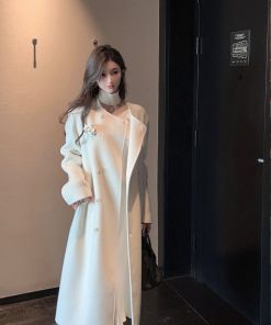 White Double-Sided Wool Cashmere Long Coat with Scarf for Women - Elegant Winter Outerwear, Chic Style, Warm and Cozy