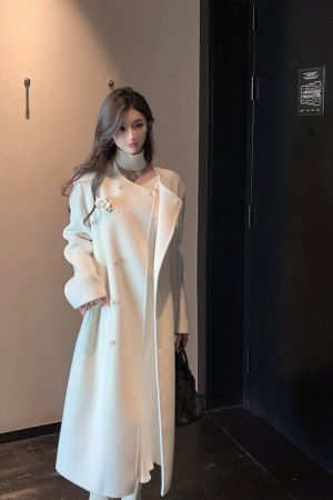 White Double-Sided Wool Cashmere Long Coat with Scarf for Women - Elegant Winter Outerwear, Chic Style, Warm and Cozy