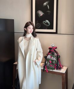 White Double-Sided Wool Cashmere Long Coat with Scarf for Women - Elegant Winter Outerwear, Chic Style, Warm and Cozy