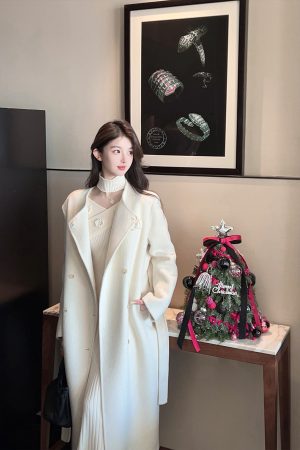 White Double-Sided Wool Cashmere Long Coat with Scarf for Women - Elegant Winter Outerwear, Chic Style, Warm and Cozy