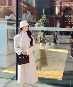 White Double-Sided Wool Cashmere Long Coat with Scarf for Women - Elegant Winter Outerwear, Chic Style, Warm and Cozy