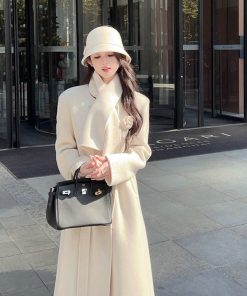 White Double-Sided Wool Cashmere Long Coat with Scarf for Women - Elegant Winter Outerwear, Chic Style, Warm and Cozy