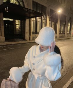 White Double-Sided Wool Coat for Women, Stylish Unique Winter Coat with Fox Fur Trim, Perfect for Petite Fashion Lovers