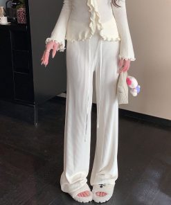 White Drawstring Knitted Wide-Leg Pants for Women - Loose High-Waisted Floor-Length Casual Trousers, Y2K Fashion, Comfy Chic Style