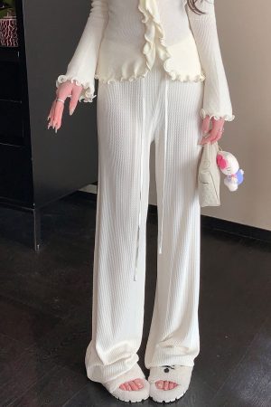 White Drawstring Knitted Wide-Leg Pants for Women - Loose High-Waisted Floor-Length Casual Trousers, Y2K Fashion, Comfy Chic Style