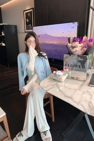 White Drawstring Knitted Wide-Leg Pants for Women - Loose High-Waisted Floor-Length Casual Trousers, Y2K Fashion, Comfy Chic Style
