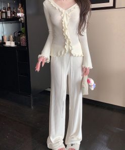 White Drawstring Knitted Wide-Leg Pants for Women - Loose High-Waisted Floor-Length Casual Trousers, Y2K Fashion, Comfy Chic Style