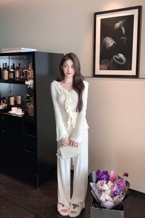 White Drawstring Knitted Wide-Leg Pants for Women - Loose High-Waisted Floor-Length Casual Trousers, Y2K Fashion, Comfy Chic Style