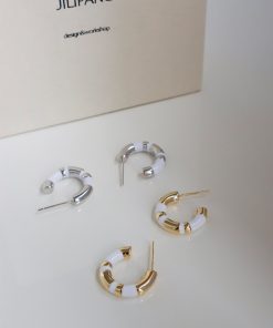 White Drip Glaze Enamel Round Ring Earrings with Gold and Silver Stripes, Minimalist Cool Style for Modern Fashion Lovers
