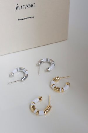White Drip Glaze Enamel Round Ring Earrings with Gold and Silver Stripes, Minimalist Cool Style for Modern Fashion Lovers