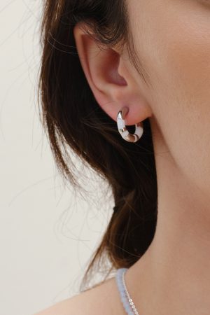 White Drip Glaze Enamel Round Ring Earrings with Gold and Silver Stripes, Minimalist Cool Style for Modern Fashion Lovers