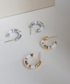 White Drip Glaze Enamel Round Ring Earrings with Gold and Silver Stripes, Minimalist Cool Style for Modern Fashion Lovers