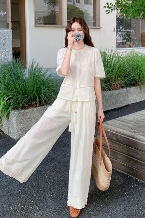 White Embroidered Two-Piece Set for Women - Summer 2025 Wide-Leg Pants and Top, Elegant National Style Fashion