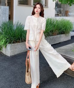 White Embroidered Two-Piece Set for Women - Summer 2025 Wide-Leg Pants and Top, Elegant National Style Fashion