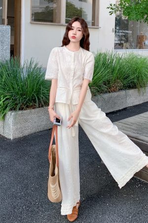 White Embroidered Two-Piece Set for Women - Summer 2025 Wide-Leg Pants and Top, Elegant National Style Fashion