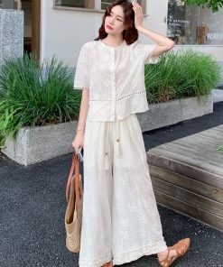 White Embroidered Two-Piece Set for Women - Summer 2025 Wide-Leg Pants and Top, Elegant National Style Fashion