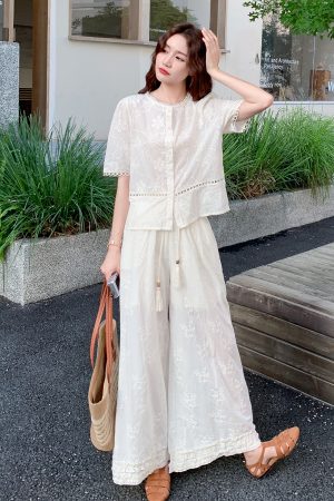 White Embroidered Two-Piece Set for Women - Summer 2025 Wide-Leg Pants and Top, Elegant National Style Fashion