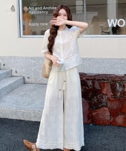 White Embroidered Two-Piece Set for Women - Summer 2025 Wide-Leg Pants and Top, Elegant National Style Fashion