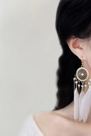 White Feather Tassel Long Earrings for Women, Bohemian Geometric Circular Design, Ethnic Style Retro Ear Accessories