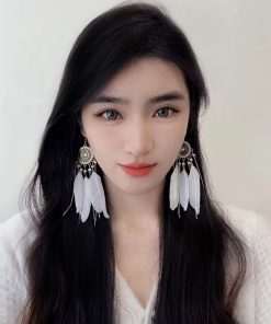 White Feather Tassel Long Earrings for Women, Bohemian Geometric Circular Design, Ethnic Style Retro Ear Accessories