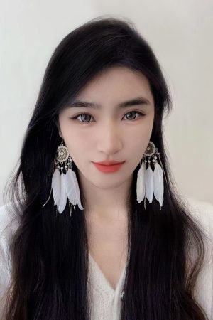 White Feather Tassel Long Earrings for Women, Bohemian Geometric Circular Design, Ethnic Style Retro Ear Accessories
