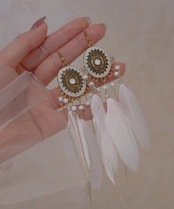 White Feather Tassel Long Earrings for Women, Bohemian Geometric Circular Design, Ethnic Style Retro Ear Accessories