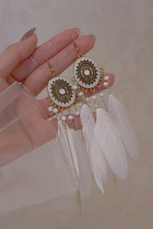 White Feather Tassel Long Earrings for Women, Bohemian Geometric Circular Design, Ethnic Style Retro Ear Accessories