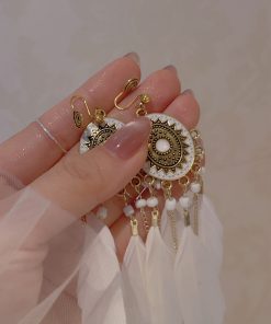 White Feather Tassel Long Earrings for Women, Bohemian Geometric Circular Design, Ethnic Style Retro Ear Accessories