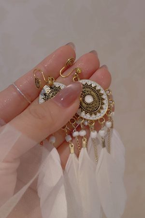 White Feather Tassel Long Earrings for Women, Bohemian Geometric Circular Design, Ethnic Style Retro Ear Accessories