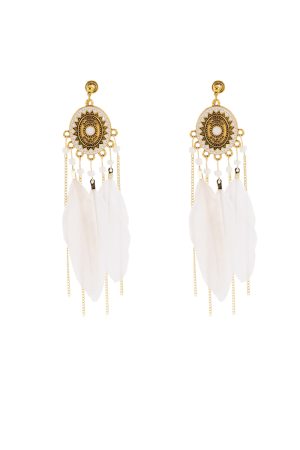 White Feather Tassel Long Earrings for Women, Bohemian Geometric Circular Design, Ethnic Style Retro Ear Accessories