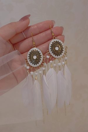 White Feather Tassel Long Earrings for Women, Bohemian Geometric Circular Design, Ethnic Style Retro Ear Accessories