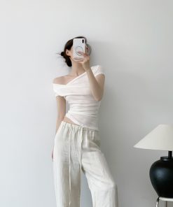 White Flared Collar Short Sleeve Wool T-Shirt for Women - 2025 Summer Slim Fit Top, Chic Designer Style, Fashion Essential