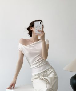 White Flared Collar Short Sleeve Wool T-Shirt for Women - 2025 Summer Slim Fit Top, Chic Designer Style, Fashion Essential