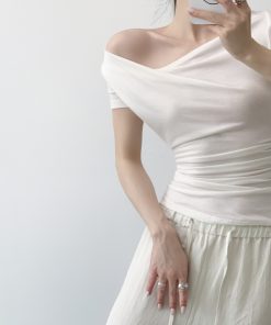 White Flared Collar Short Sleeve Wool T-Shirt for Women - 2025 Summer Slim Fit Top, Chic Designer Style, Fashion Essential