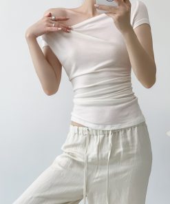 White Flared Collar Short Sleeve Wool T-Shirt for Women - 2025 Summer Slim Fit Top, Chic Designer Style, Fashion Essential
