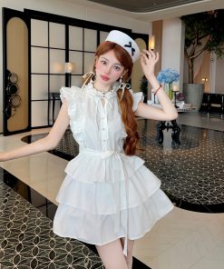 White Flying Sleeve Ruffled Edge Cake Skirt Shirt Dress for Women - Playful French Summer Style