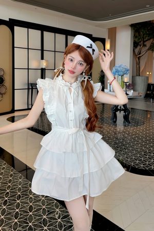 White Flying Sleeve Ruffled Edge Cake Skirt Shirt Dress for Women - Playful French Summer Style