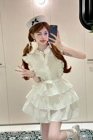 White Flying Sleeve Ruffled Edge Cake Skirt Shirt Dress for Women - Playful French Summer Style