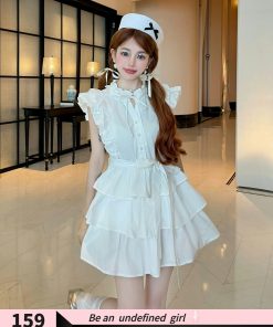 White Flying Sleeve Ruffled Edge Cake Skirt Shirt Dress for Women - Playful French Summer Style