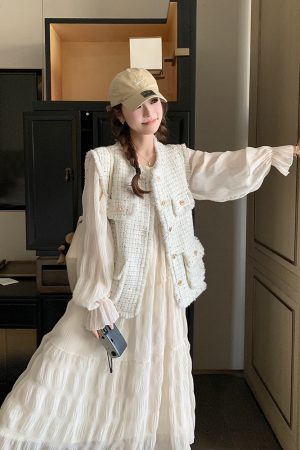 White French Style Two-Piece Dress Set for Women - Slim Fit Spring 2025 Fashion with Vest - Chic and Trendy Design