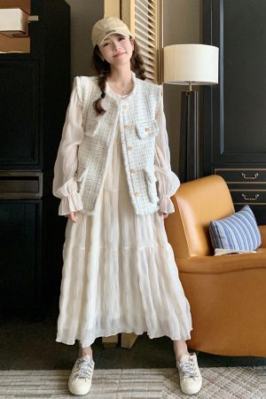 White French Style Two-Piece Dress Set for Women - Slim Fit Spring 2025 Fashion with Vest - Chic and Trendy Design