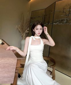 White Halter Neck Dress for Women - French-Style, Waist-Cinching, Slim Fit, Summer Fashion Essential