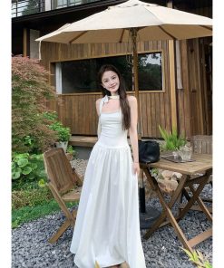 White Halter Neck Dress for Women - French-Style, Waist-Cinching, Slim Fit, Summer Fashion Essential