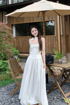White Halter Neck Dress for Women - French-Style, Waist-Cinching, Slim Fit, Summer Fashion Essential