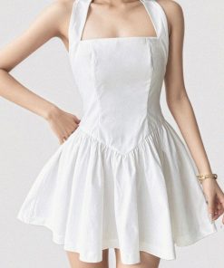 White Halter Neck Square Collar Waist-Cinching Dress - Backless Slimming A-Line Short Skirt, French Minimalist Style, First Love Feel