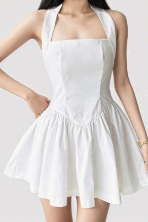 White Halter Neck Square Collar Waist-Cinching Dress - Backless Slimming A-Line Short Skirt, French Minimalist Style, First Love Feel