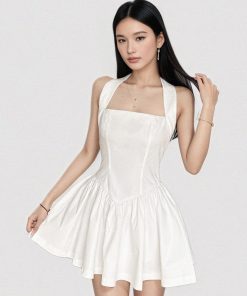 White Halter Neck Square Collar Waist-Cinching Dress - Backless Slimming A-Line Short Skirt, French Minimalist Style, First Love Feel