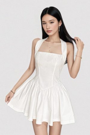 White Halter Neck Square Collar Waist-Cinching Dress - Backless Slimming A-Line Short Skirt, French Minimalist Style, First Love Feel
